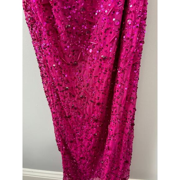 Mac Duggal Hot Pink Beaded Sequined Puff Sleeve One Shoulder Gown Dress Size 10 - Picture 6 of 16